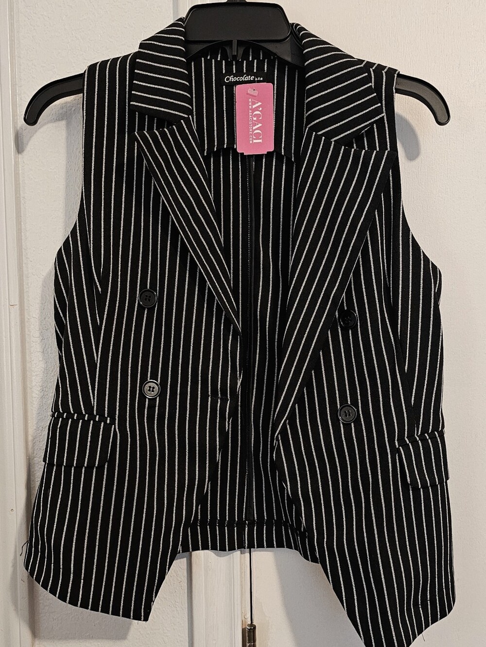A'gaci Black and White Pinstripe Double-Breasted Vest
